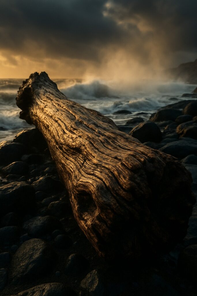 Weathered driftwood log resting on a rugged northern European shoreline at dawn