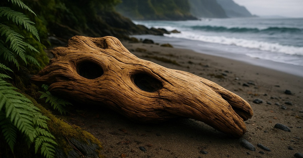 Closeup of wave-carved driftwood texture on a misty Atlantic coastal beach