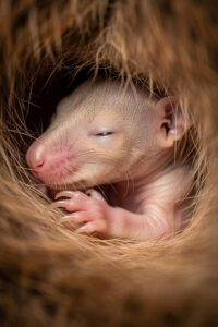 Tiny eastern bandicoot joey curled inside its mother's fur-lined pouch in grassland