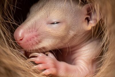 Tiny eastern bandicoot joey curled inside its mother's fur-lined pouch in grassland