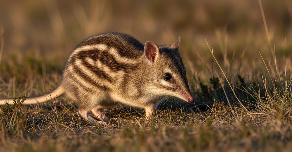 Close-up of a female eastern bandicoot foraging through dry Australian heathland