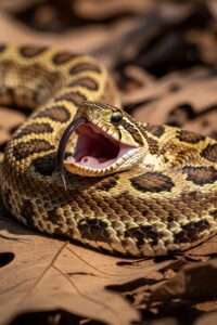 Eastern hognose snake lying belly-up on forest floor with mouth open and tongue out