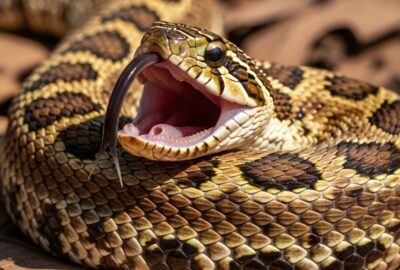 Eastern hognose snake lying belly-up on forest floor with mouth open and tongue out