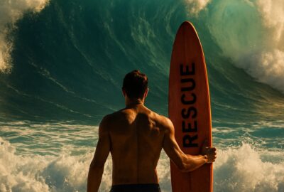 Surfer in neon yellow rash guard rides massive wave with fist raised triumphantly