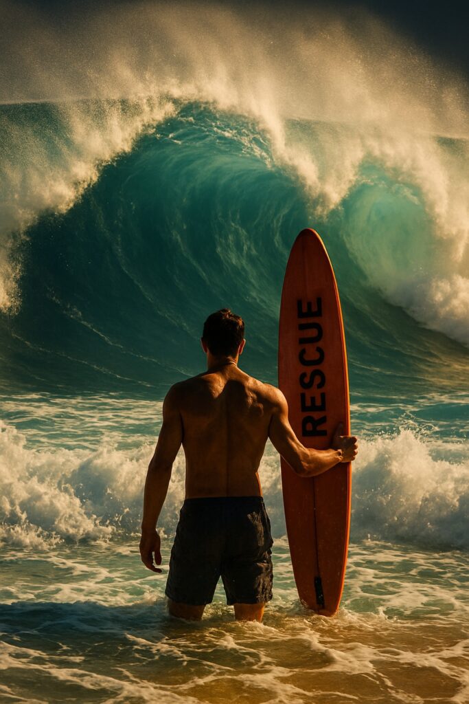 Surfer in neon yellow rash guard rides massive wave with fist raised triumphantly