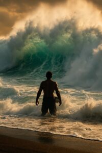 Surfer riding a massive wave fist raised in triumph against white foam wall