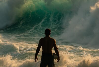 Surfer riding a massive wave fist raised in triumph against white foam wall