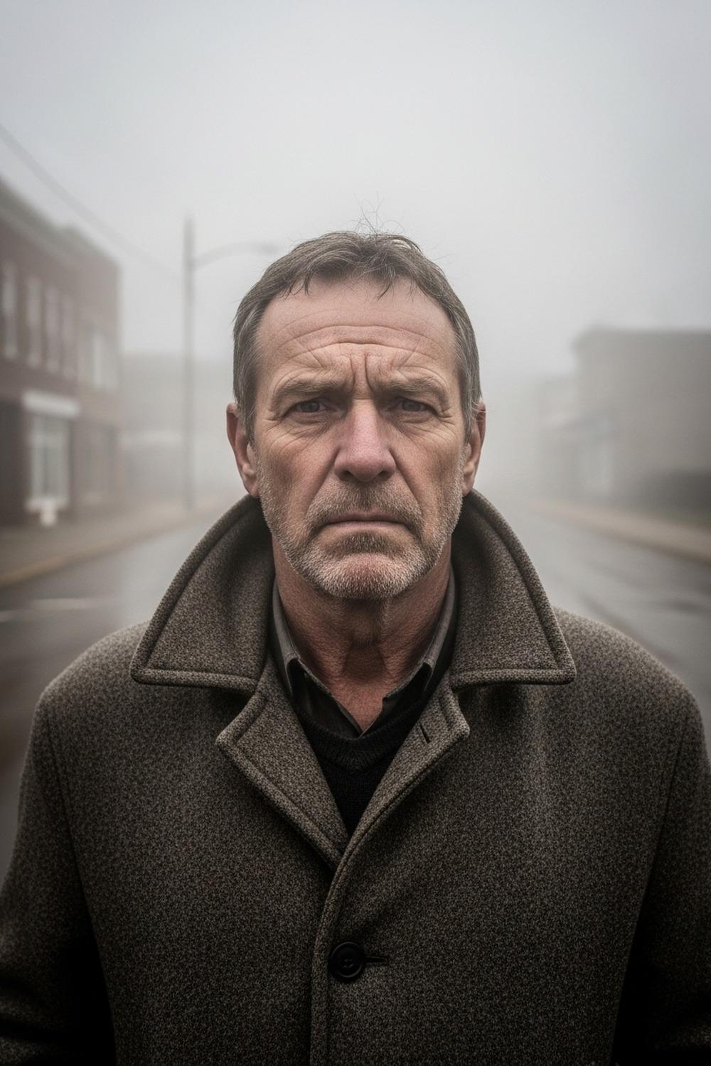 A solitary man standing in fog near a quiet Canadian town, lost in thought