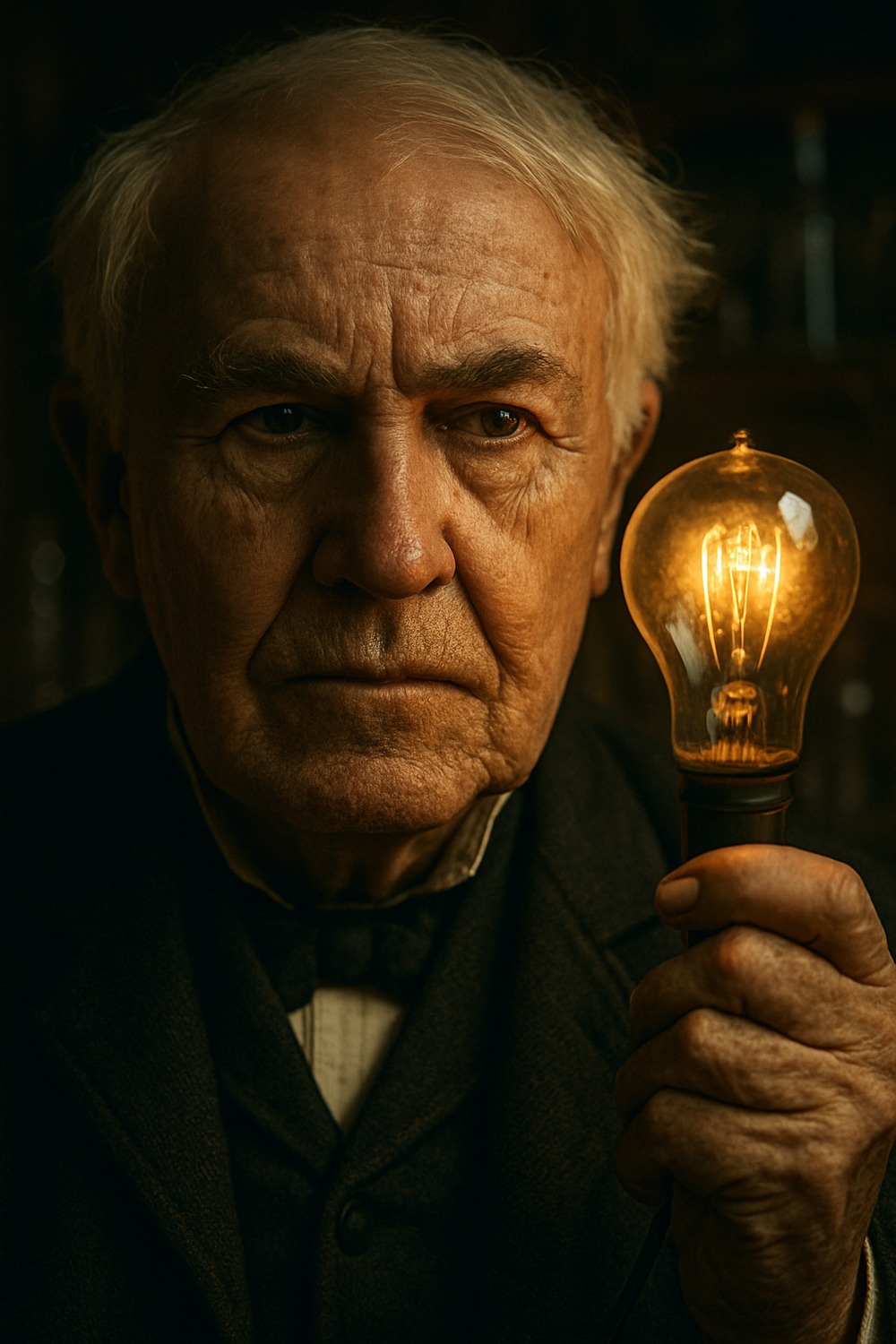 Vintage portrait of Thomas Edison in his laboratory surrounded by glowing equipment