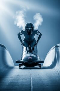 A lone athlete in a sleek helmet launching into a steep icy bobsled track at high speed