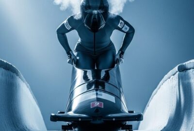 A lone athlete in a sleek helmet launching into a steep icy bobsled track at high speed