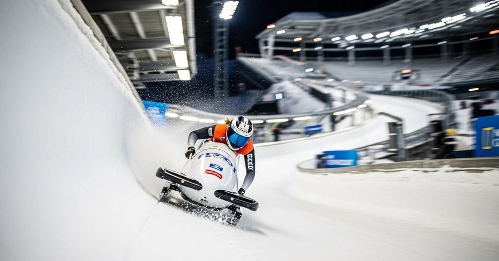 Close-up of a bobsled cutting through an icy curve with motion blur and frost spray