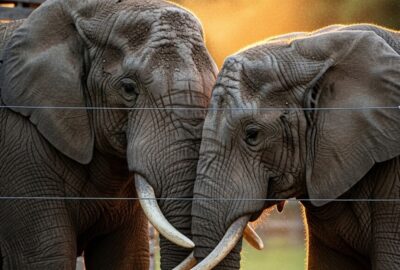 Two large elephants pressing close together through sanctuary fence at golden hour