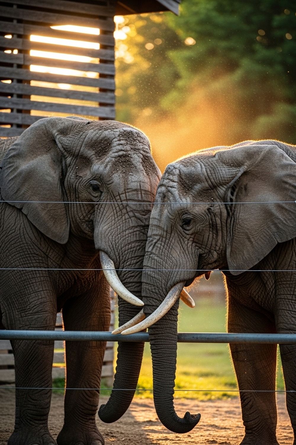 Two large elephants pressing close together through sanctuary fence at golden hour