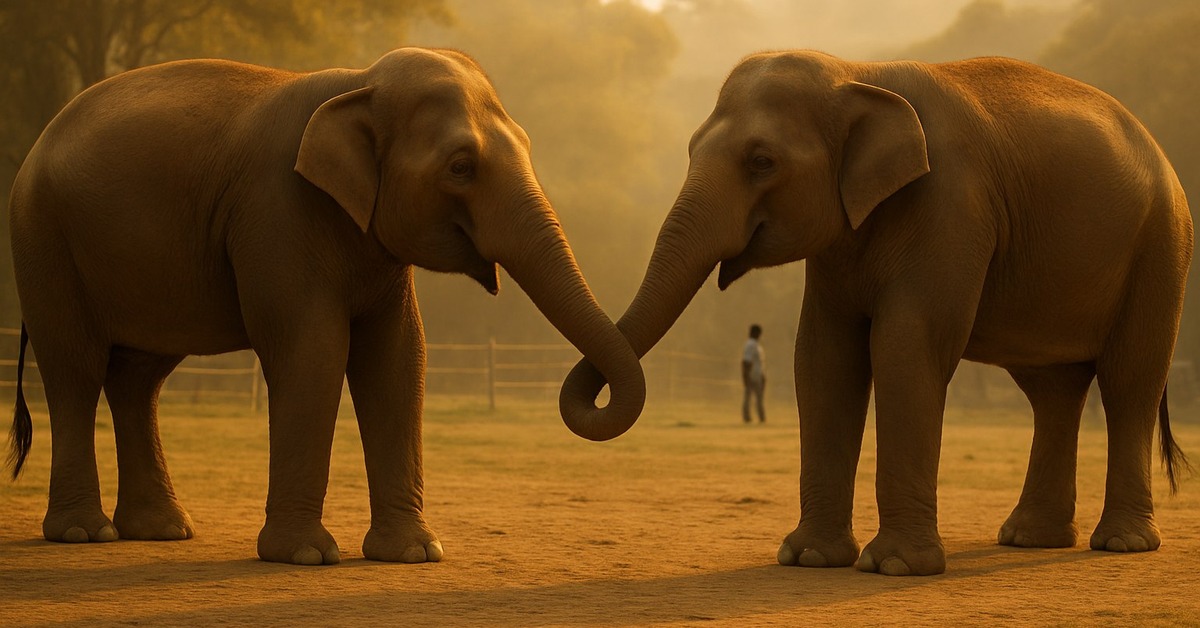 Elephant reaching trunk through metal bars toward another elephant in barn