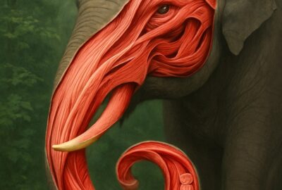 Asian elephant with anatomical cross-section revealing layered trunk muscle fibers in forest