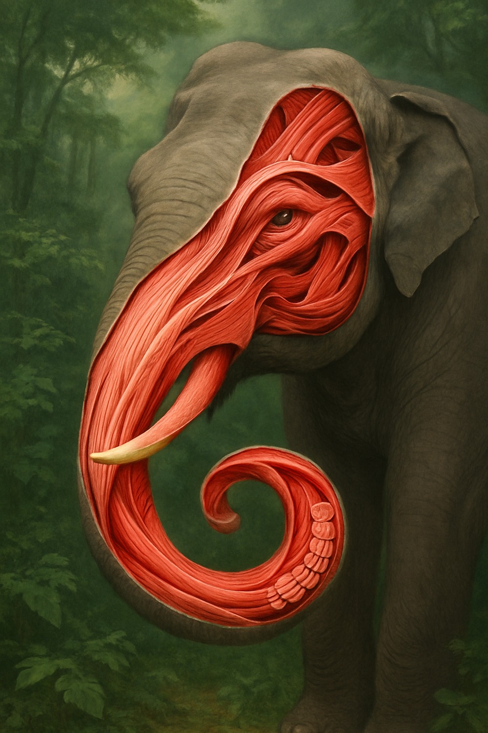 Asian elephant with anatomical cross-section revealing layered trunk muscle fibers in forest