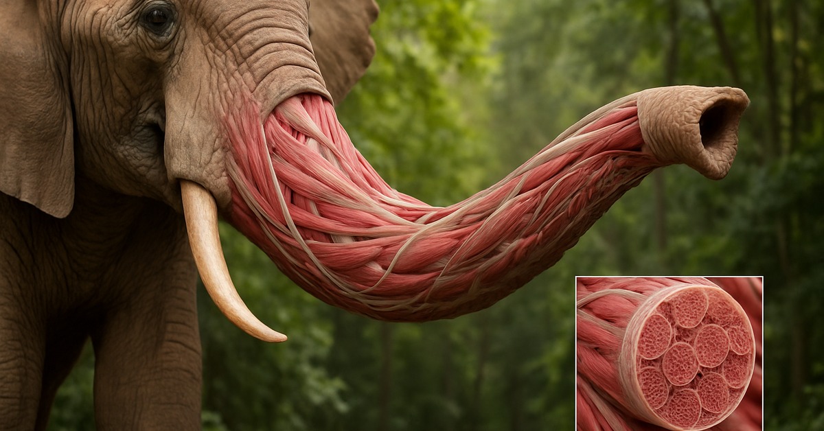 Close-up of elephant trunk tip curling downward showing detailed muscle bundle texture