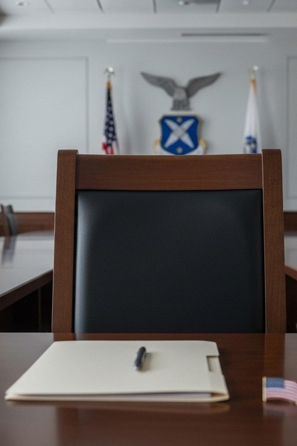 A single empty chair facing a formal government chamber with soft light through tall windows