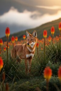 Ethiopian wolf with rust-colored muzzle dusted in pollen visiting tall flame-red Kniphofia flowers
