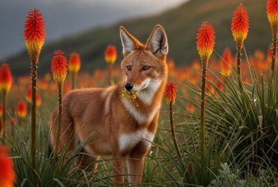 Ethiopian wolf with rust-colored muzzle dusted in pollen visiting tall flame-red Kniphofia flowers