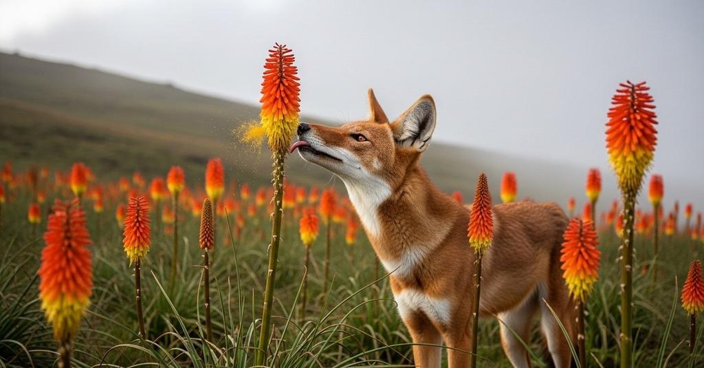 Close-up of Ethiopian wolf lapping nectar from red hot poker plant in alpine meadow