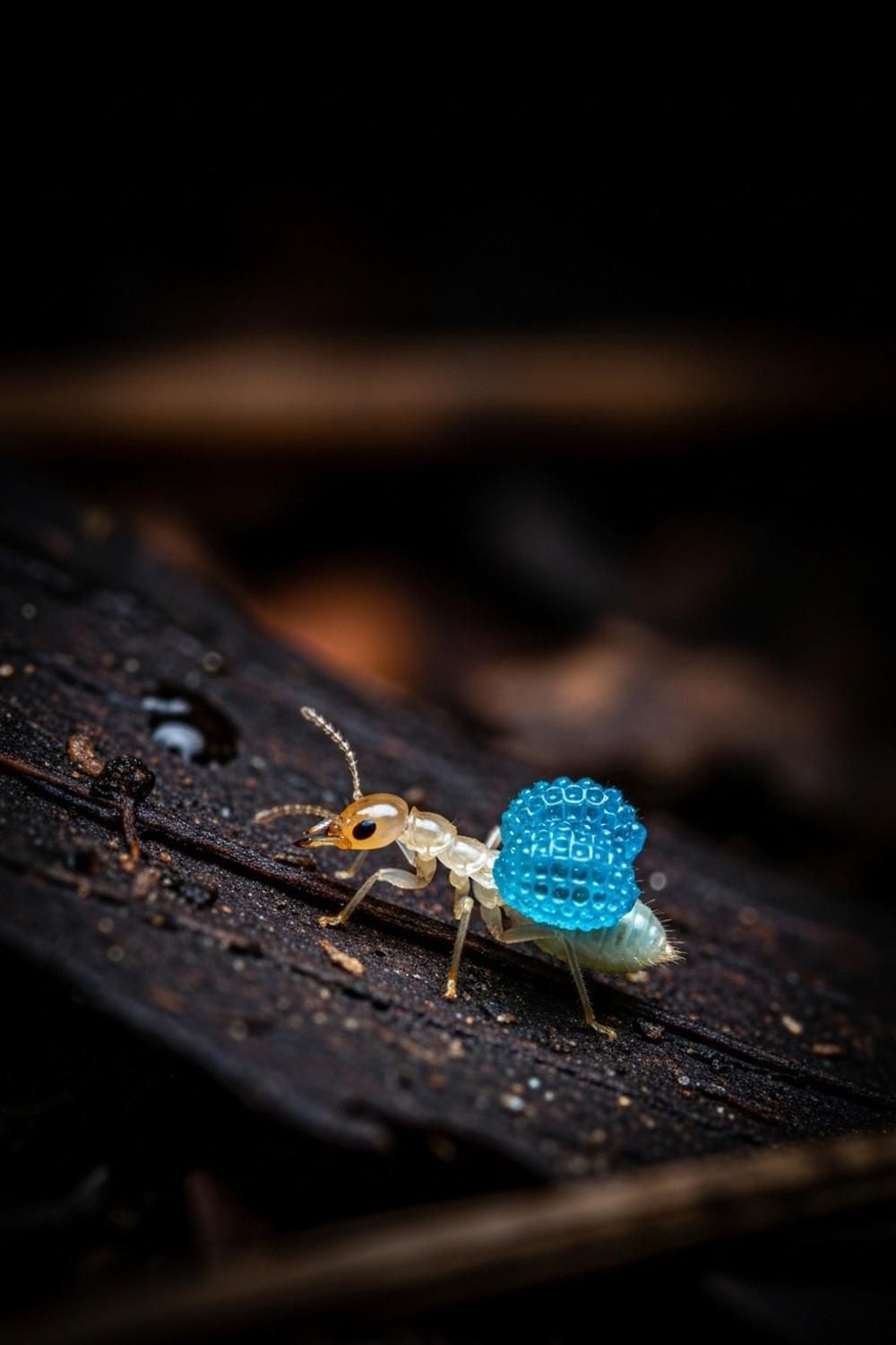 Close-up macro photograph of a Neocapritermes taracua termite showing blue toxic glands on its back