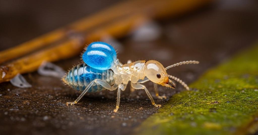 Microscopic view of crystallized blue enzyme pouches rupturing on a termite worker body
