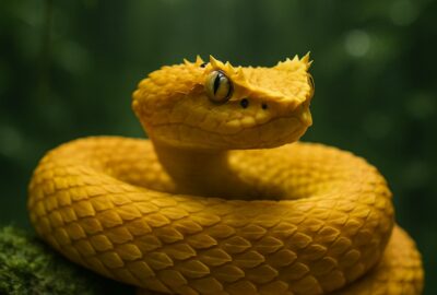 Bright yellow eyelash viper coiled on a mossy branch in Costa Rica cloud forest
