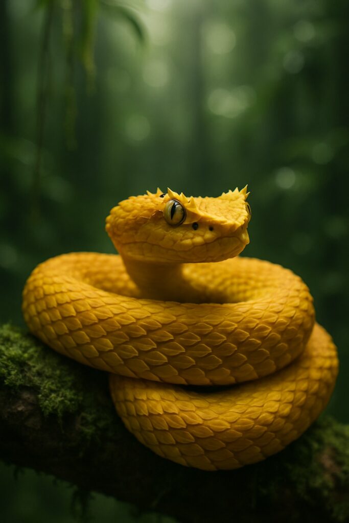 Bright yellow eyelash viper coiled on a mossy branch in Costa Rica cloud forest