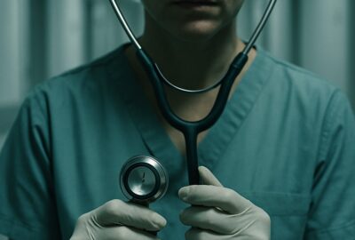 Close-up of a nurse's hands holding a stethoscope in a hospital corridor at dusk