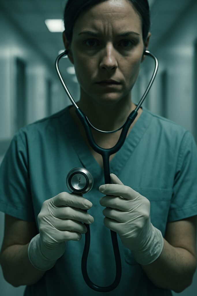 Close-up of a nurse's hands holding a stethoscope in a hospital corridor at dusk