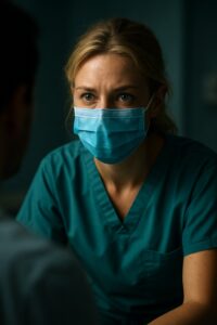 Female nurse in teal scrubs and surgical mask leaning toward a patient in a clinical setting
