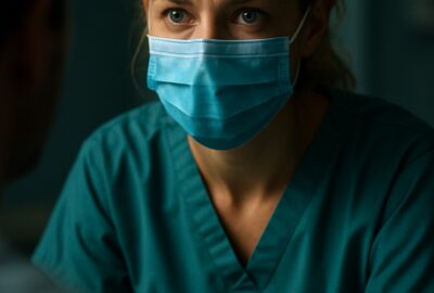 Female nurse in teal scrubs and surgical mask leaning toward a patient in a clinical setting