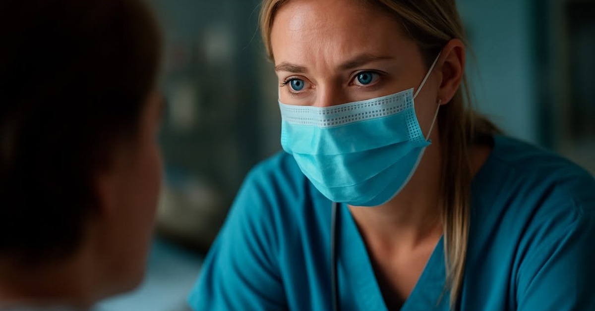 Close-up side angle of nurse in blue scrubs reviewing patient chart in dim hospital corridor