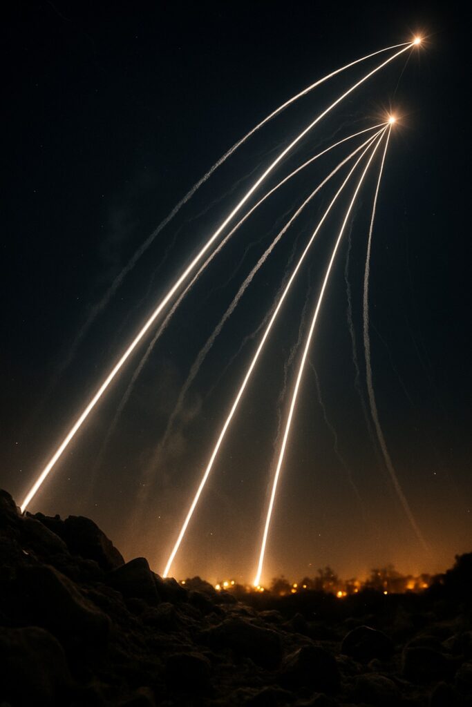 Iron Dome interceptor missile trails streak across dark night sky over Israeli city