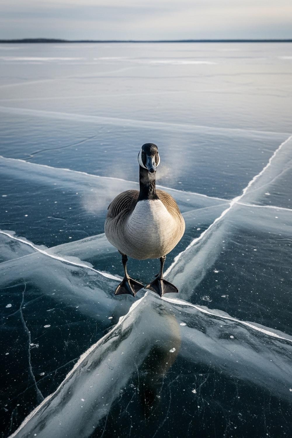A Canada Goose standing on frozen ice in harsh winter light, visibly still