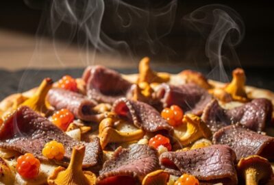 Rustic Finnish pizza topped with smoked reindeer, chanterelle mushrooms, and golden cloudberries