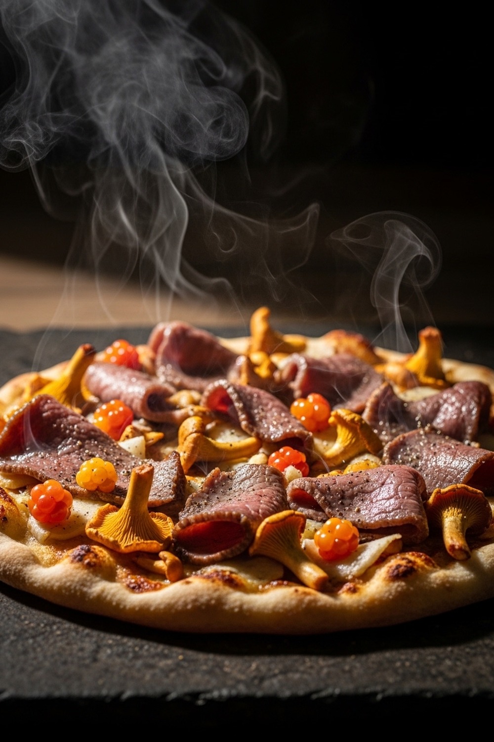 Rustic Finnish pizza topped with smoked reindeer, chanterelle mushrooms, and golden cloudberries