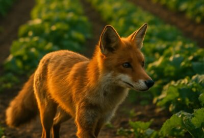 A red fox vixen carrying food through an English farm field at dusk