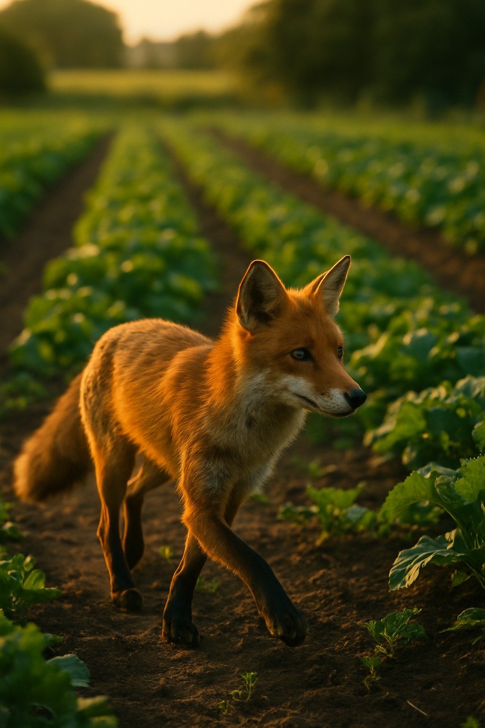 A red fox vixen carrying food through an English farm field at dusk