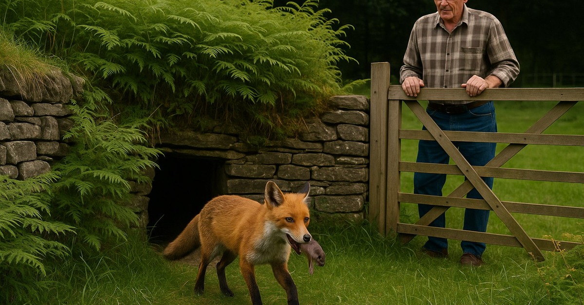 Close-up of a red fox kit nestled in hedgerow undergrowth in rural England