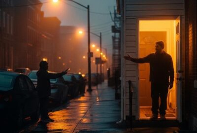Warm porch light glowing at night with a figure standing in an open doorway welcoming a stranger