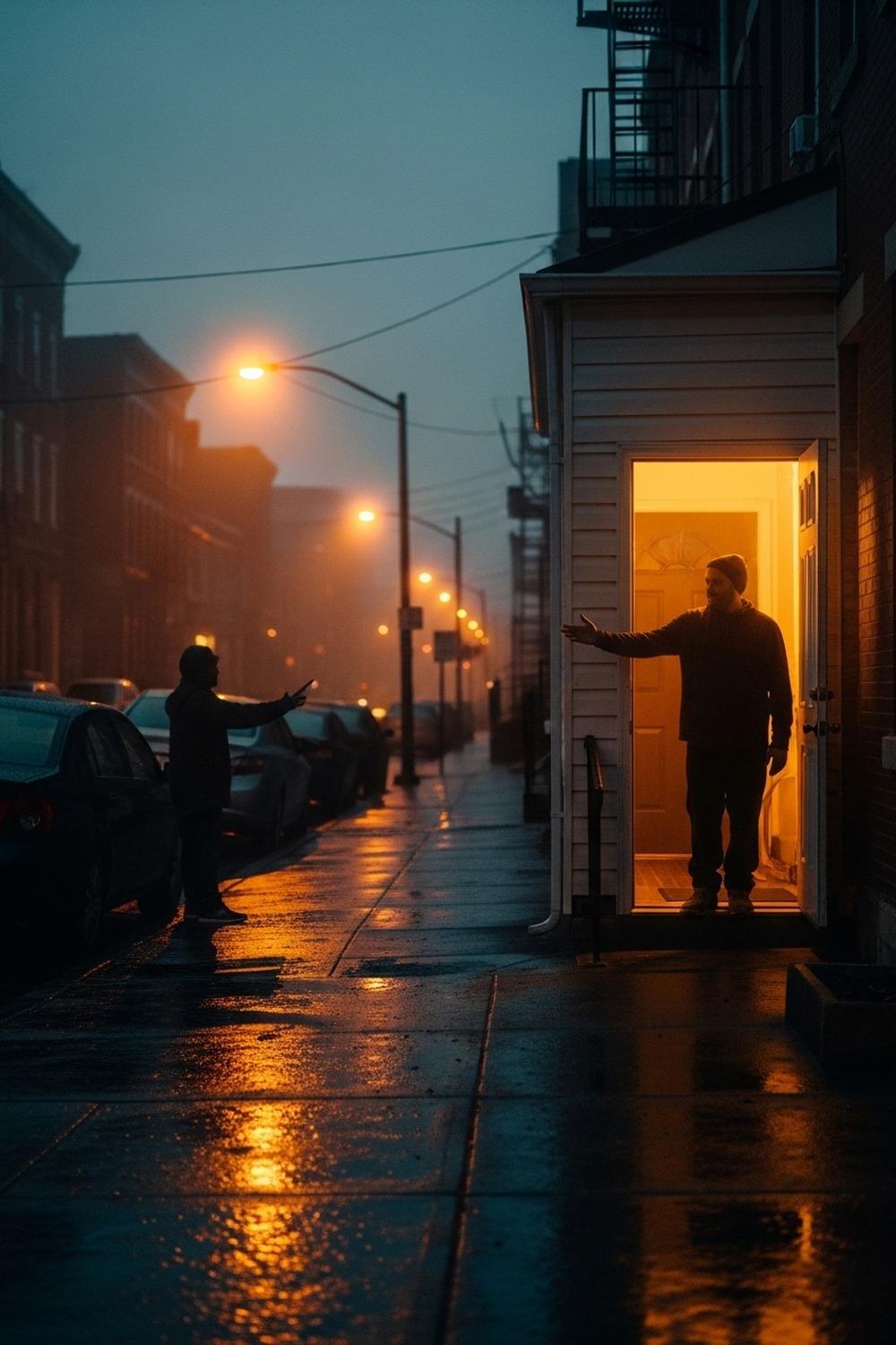 Warm porch light glowing at night with a figure standing in an open doorway welcoming a stranger