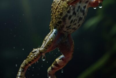 African goliath frog mid-leap showing powerful hind legs in dramatic close-up
