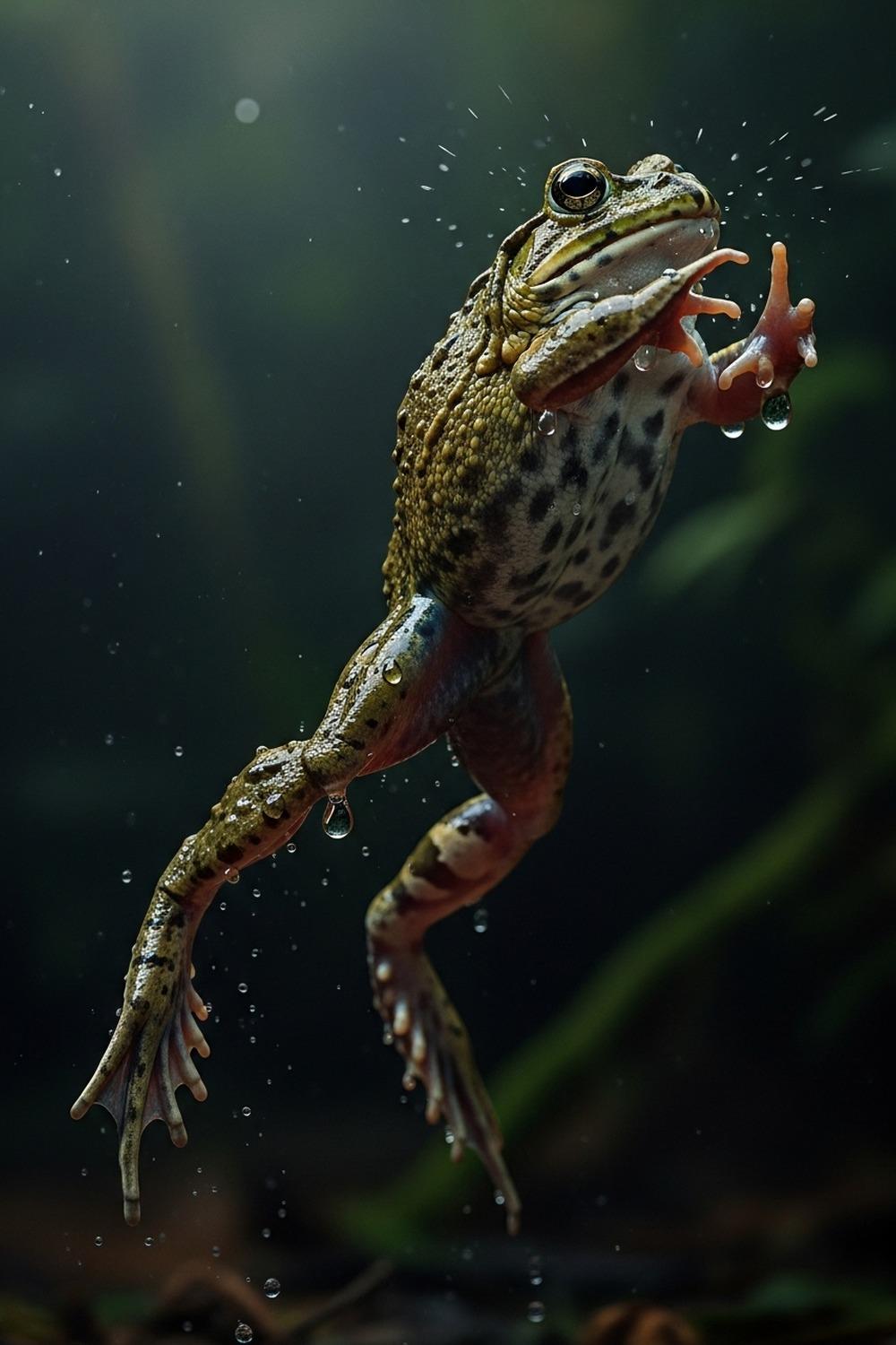 African goliath frog mid-leap showing powerful hind legs in dramatic close-up