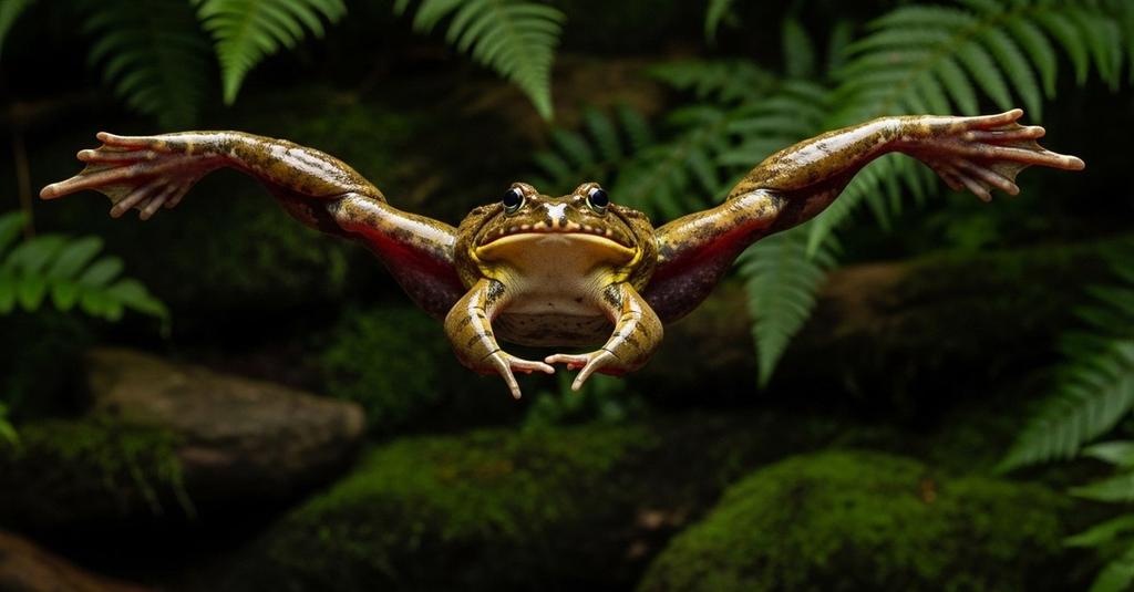 Red-eyed tree frog webbed feet spread wide gliding between rainforest branches