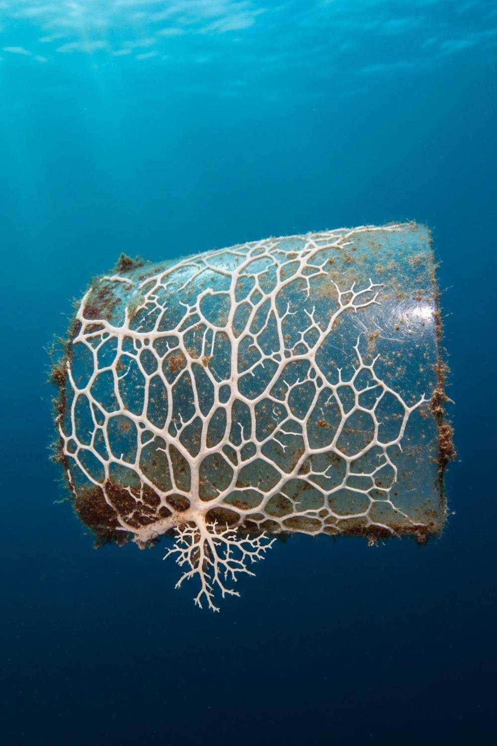 Microscopic fungal threads breaking down floating plastic debris in deep blue ocean water
