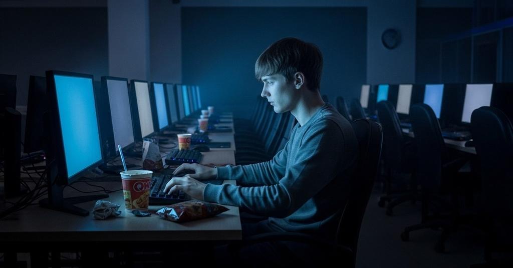 Rows of glowing gaming screens inside a crowded South Korean PC bang at midnight