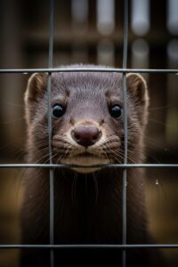 A mink peers through wire mesh fencing, its eyes alert and searching for freedom